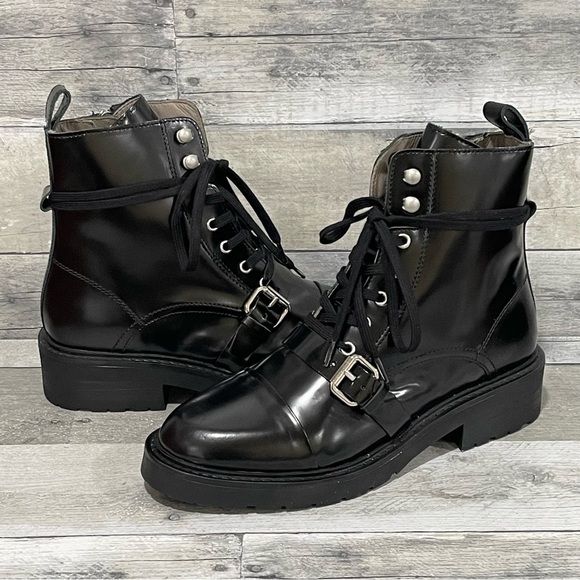 All Saints Black Leather Donita Moto Combat Boots Black Sz